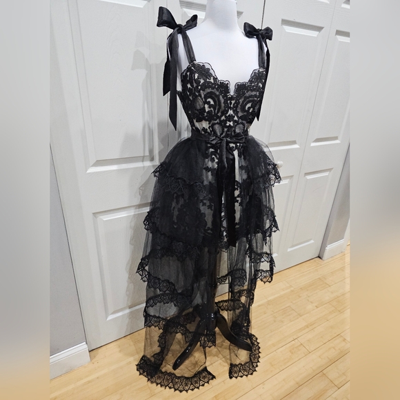 Dolls Kill Unholy Kindred Spirits Black White Lace Mini DressTiered Tulle Skirt - Picture 11 of 16